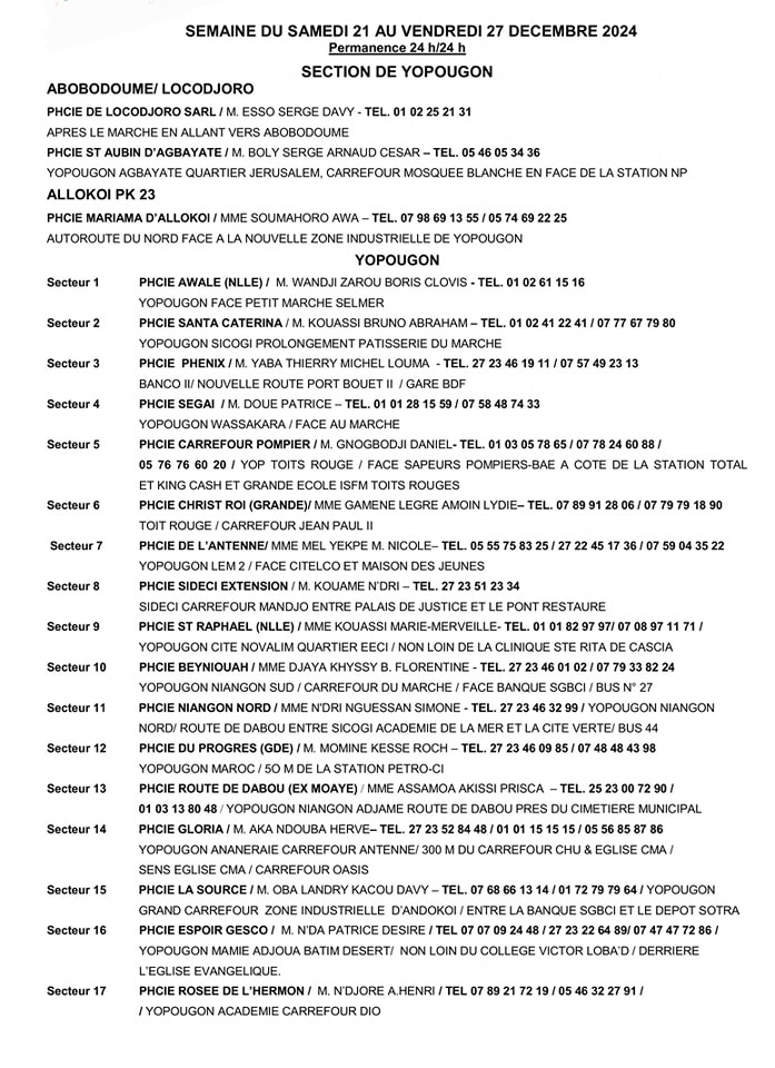 Pharmacie de garde à Allokoi PK 23 : 21-27 décembre 2024