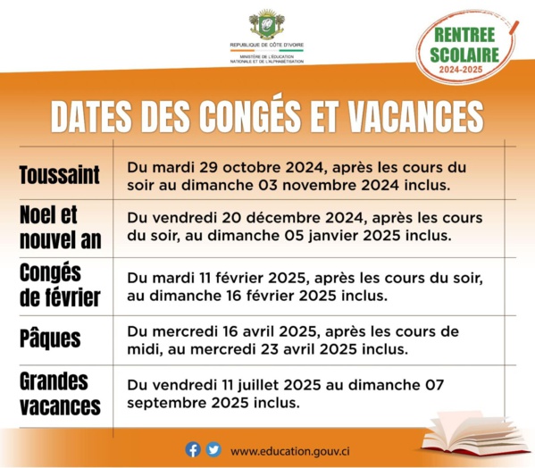 Dates congés année scolaire 2024-2025 en Côte d'Ivoire : des changements annoncés