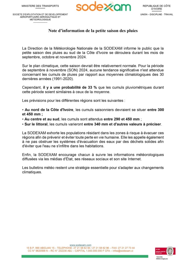 Petite saison des pluies 2024 en Côte d'Ivoire :voici ce qu'il faut retenir des prévisions de la SODEXAM