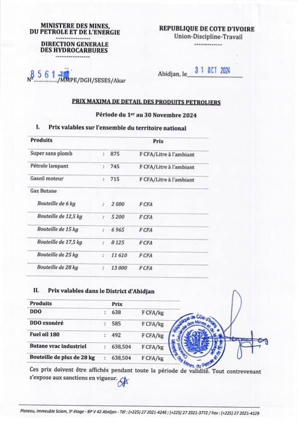 Prix carburant Côte d'Ivoire : les nouveaux tarifs officiels de novembre 2024 dévoilés