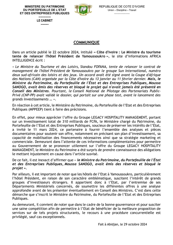 Affaire réhabilitation de l'hôtel Président à 310 milliards de FCFA : Le ministère du Patrimoine clarifie le dossier