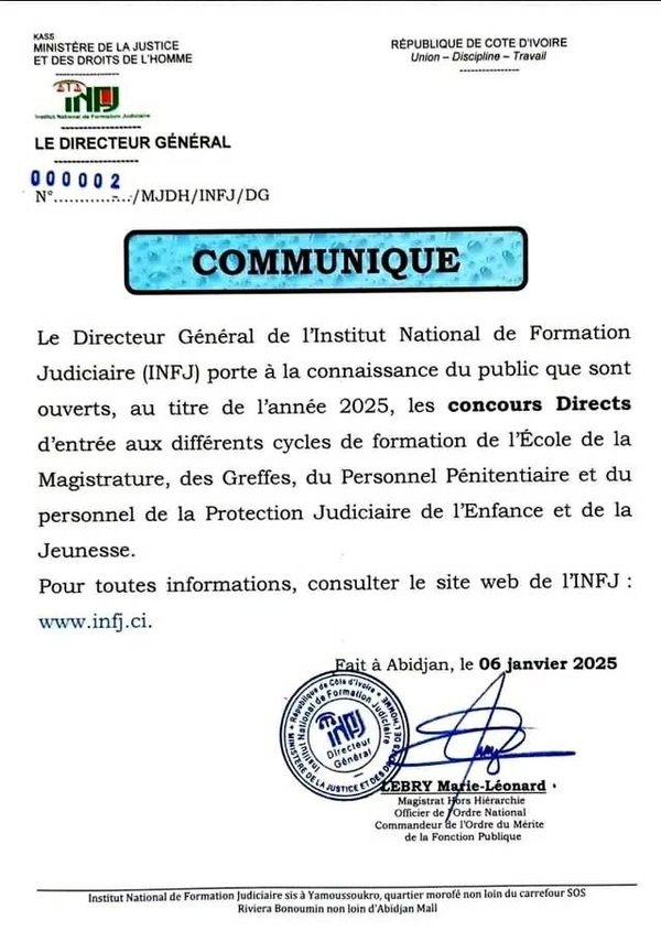 Concours INFJ 2025 Côte d'Ivoire : ouverture des inscriptions