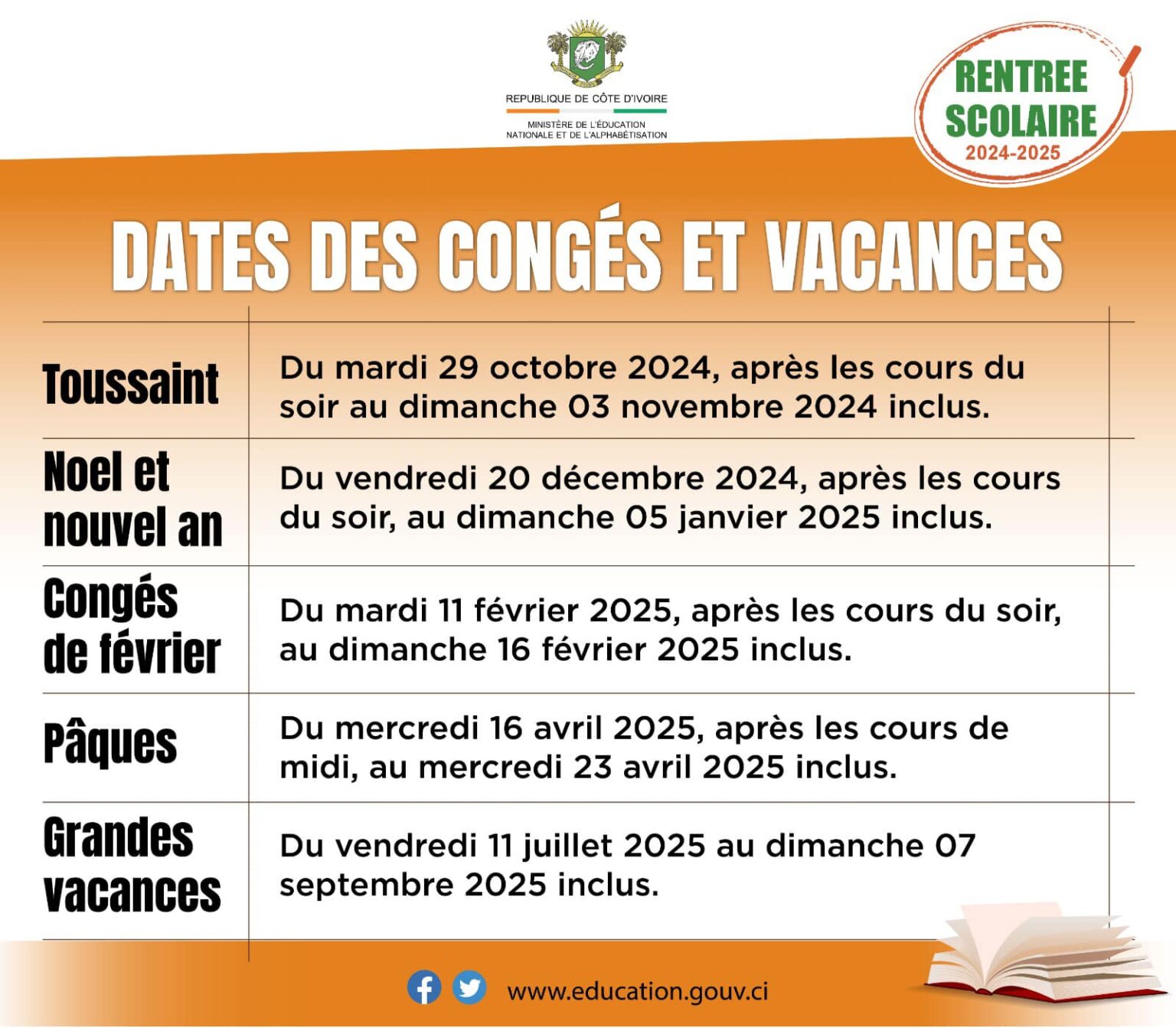 Dates congés année scolaire 2024-2025 en Côte d'Ivoire © Crédit photo DR