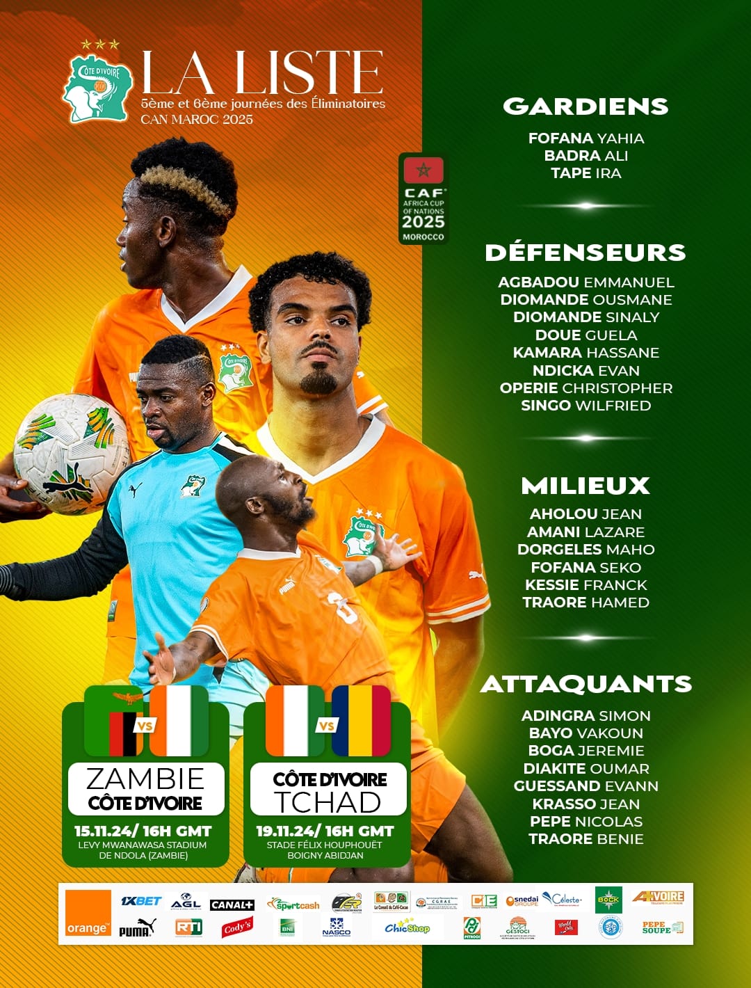 Liste Éléphants éliminatoires CAN 2025 : La Côte d'Ivoire face à deux matchs décisifs avec un groupe remanié