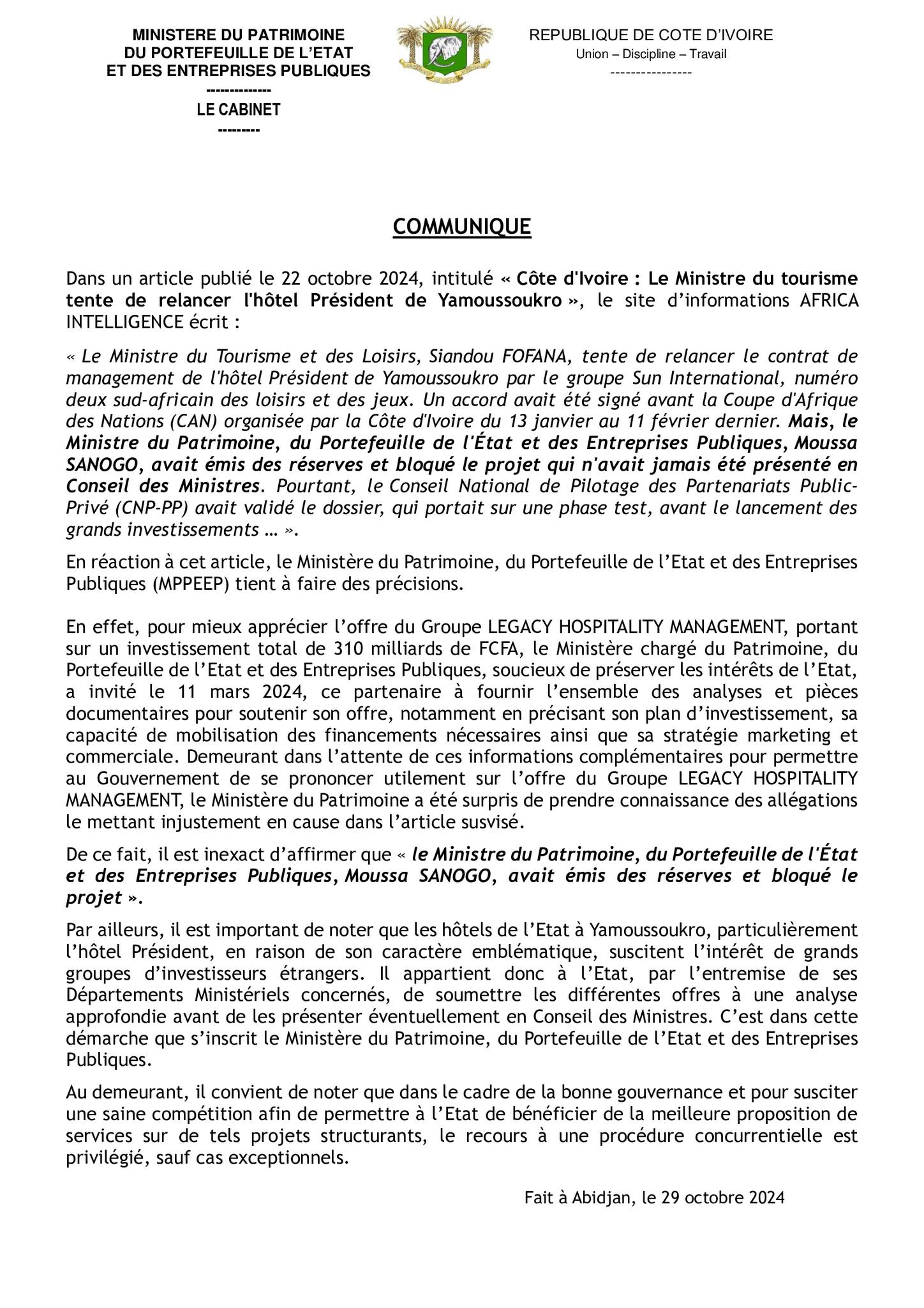 Affaire réhabilitation de l'hôtel Président à 310 milliards de FCFA : Le ministère du Patrimoine clarifie le dossier