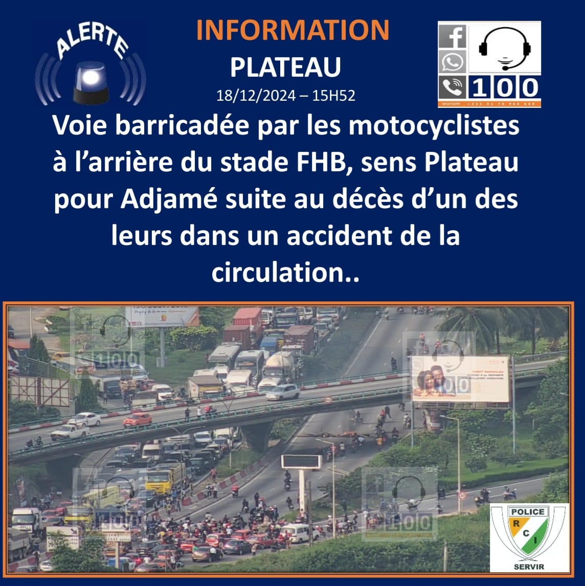 Plateau : les motocyclistes bloquent la circulation près du stade FHB © Crédit photo DR