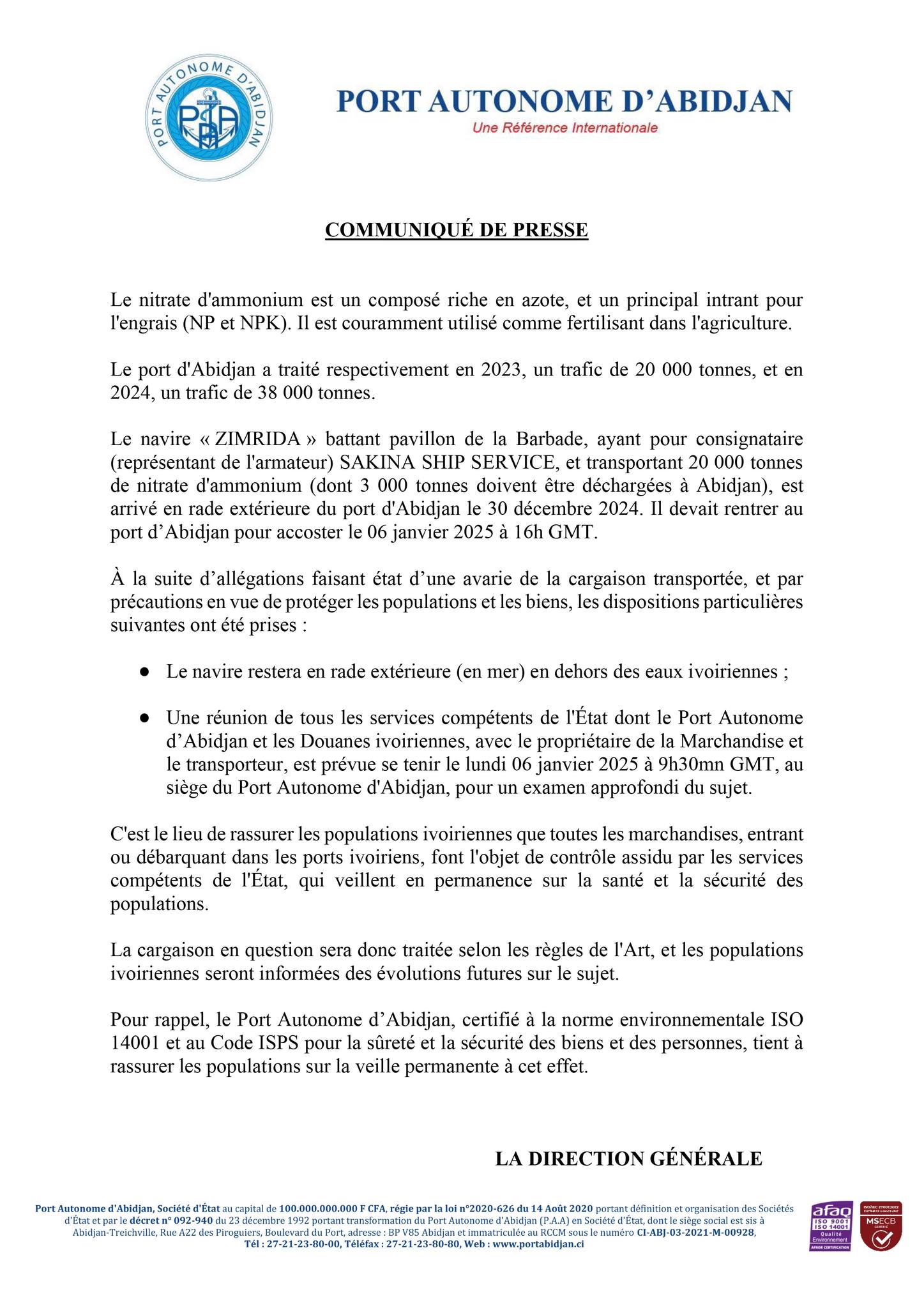 Affaire "navire ZIMRIDA transportant 20 000 tonnes de nitrate d'ammonium au Port d'Abidjan : le PAA fait des précisions 