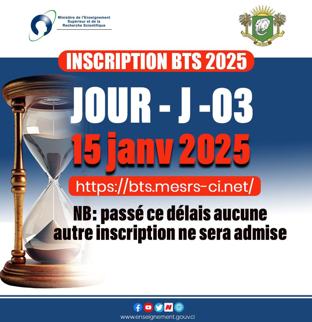 La plateforme examensbts.net ferme les inscriptions au BTS 2025 en Côte d'Ivoire le 15 janvier à minuit © Crédit photo DR