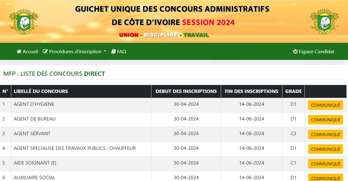 Fonction publique Côte d'Ivoire : 551 concours programmés pour 2025, dont 208 pour de nouveaux recrutements, liste