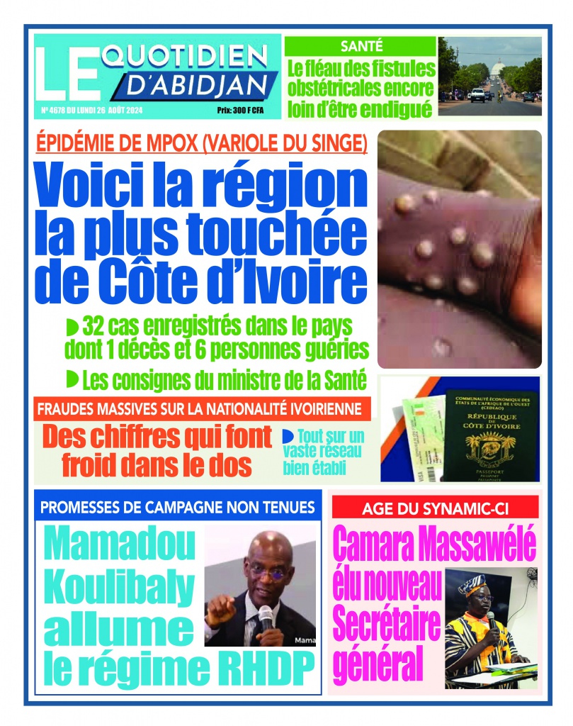 Titrologie Le Quotidien d'Abidjan - La UNE du 26 août 2024